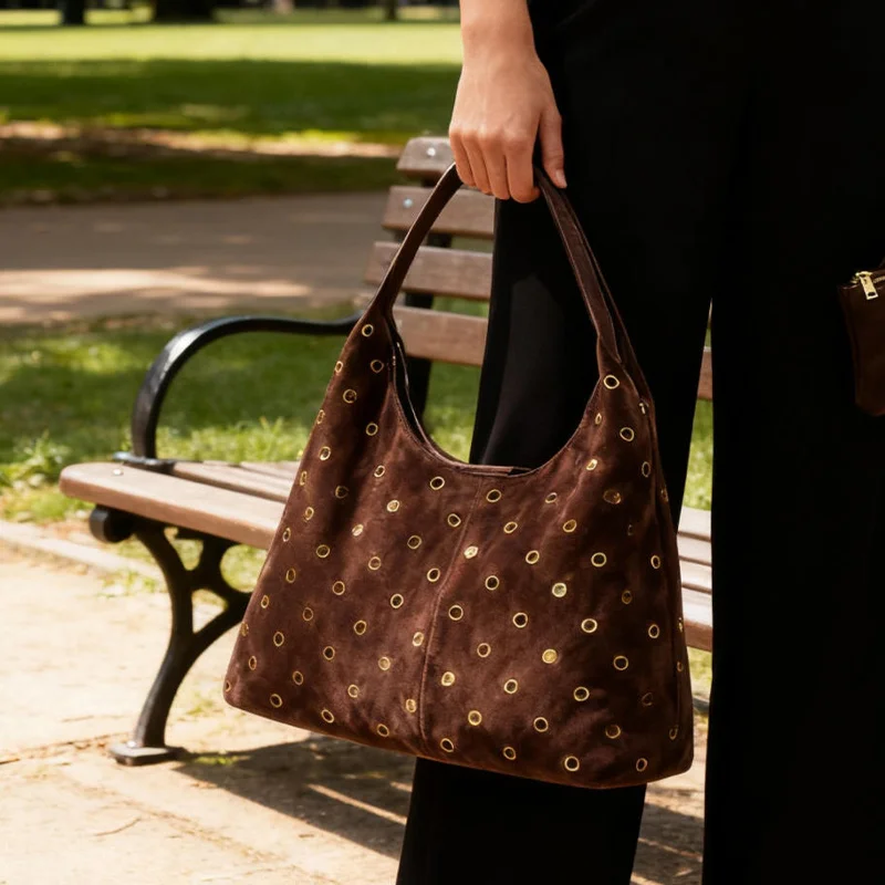 Suede Metal Studded Tote Bag w - Accordion Wallet Zip 评论和价格