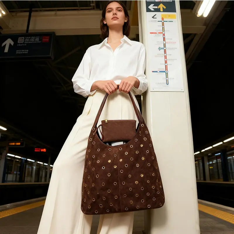 Suede Metal Studded Tote Bag w - Accordion Wallet Zip 评论和价格